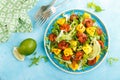 Mango shrimps salad with red pepper and lime juice. Seafood. Top view Royalty Free Stock Photo