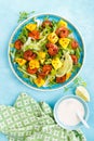 Mango shrimps salad with red pepper and lime juice. Seafood. Top view Royalty Free Stock Photo