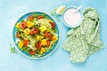 Mango shrimps salad with red pepper and lime juice. Seafood. Top view Royalty Free Stock Photo