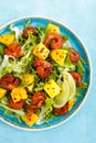 Mango shrimps salad with red pepper and lime juice. Seafood. Top view Royalty Free Stock Photo