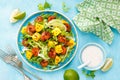 Mango shrimps salad with red pepper and lime juice. Seafood. Top view Royalty Free Stock Photo