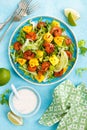 Mango shrimps salad with red pepper and lime juice. Seafood. Top view Royalty Free Stock Photo