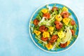 Mango shrimps salad with red pepper and lime juice. Seafood. Top view Royalty Free Stock Photo