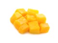 Mango slice cut to cubes close-up isolated on white background Royalty Free Stock Photo