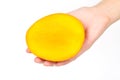 Mango slice in hand Royalty Free Stock Photo