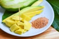 Mango slice on white plate and leaves from tree tropical summer fruit concept - Ripe mango pickled fruit and green mangoes for Royalty Free Stock Photo