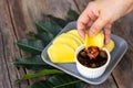 Mango sliced with Sweet fish sauce. Traditional food of Thailand Royalty Free Stock Photo