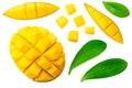 mango with slices and green leaves isolated on white background. exotic fruit. top view Royalty Free Stock Photo