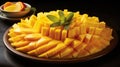 Mango slices on a plate with mint on a dark wooden background