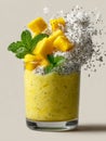 Mango smoothie in a glass with mango chunks and mint garnish Royalty Free Stock Photo