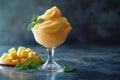 Mango sorbet in a glass on the table . Popsicle in a glass