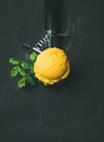 Mango sorbet ice cream scoop in ice cream scooper Royalty Free Stock Photo