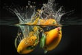 Mango splashed or thrown in water. Water splash fresh fruit creative concept idea. Ai generated Royalty Free Stock Photo