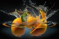 Mango splashed or thrown in water. Water splash fresh fruit creative concept idea. Ai generated Royalty Free Stock Photo