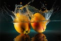 Mango splashed or thrown in water. Water splash fresh fruit creative concept idea. Ai generated Royalty Free Stock Photo