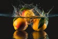 Mango splashed or thrown in water. Water splash fresh fruit creative concept idea. Ai generated Royalty Free Stock Photo