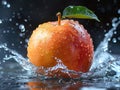 MANGO splashing with water on elegant black background. Mango slice and mango juice splash wave isolated on a black Royalty Free Stock Photo
