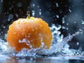 MANGO splashing with water on elegant black background. Mango slice and mango juice splash wave isolated on a black Royalty Free Stock Photo