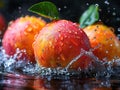 MANGO splashing with water on elegant black background. Mango slice and mango juice splash wave isolated on a black Royalty Free Stock Photo