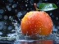 MANGO splashing with water on elegant black background. Mango slice and mango juice splash wave isolated on a black Royalty Free Stock Photo