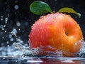 MANGO splashing with water on elegant black background. Mango slice and mango juice splash wave isolated on a black Royalty Free Stock Photo