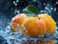 MANGO splashing with water on elegant black background. Mango slice and mango juice splash wave isolated on a black Royalty Free Stock Photo