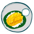 Mango with sticky rice and coconut milk serve on banana leaf.