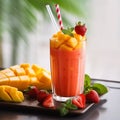 Mango and strawberry smoothie in a glass on the table