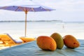 Mango on the table, beach dessert. Chilled fruit. Tonic food Royalty Free Stock Photo