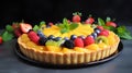 Mango tart with fresh berries and mint on a black background.