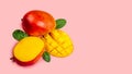 Mango. Tropical Fruits Isolated on pink background, copy space text, blank for text, top view Royalty Free Stock Photo