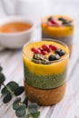 Mango turmeric chia pudding with berry fruit