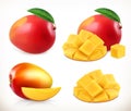 Mango. Whole and pieces. Sweet fruit. 3d vector icons set