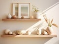 Mango Wood Floating Shelf with Pastel Frames and a Seashell - AI Generated