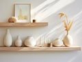 Mango Wood Floating Shelf with Pastel Frames and a Seashell Va - AI Generated