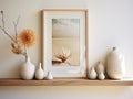 Mango Wood Floating Shelf with Pastel Frames and a Seashell Vanity - AI Generated