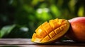 Mango on wooden table with green background, AI Royalty Free Stock Photo