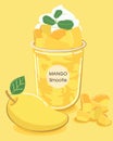 Mango yellow smoothie blended with mango texture and whipped cream on top, colorful and refreshing in summer