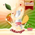 Mango yogurt ads. Splashing scene with package and fruits. Editable mockup.