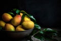 Mangoes in a bowl on a wooden table. Generative AI.
