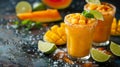 Mangonada Mexican Cocktail. Mango Smoothie Margarita with Chamoy, Lime and Chili. AI Generated Royalty Free Stock Photo