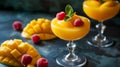 Mangonada, mexican frozen cocktail made of mango sherbet, Chamoy Mexican sauce and chili powder. Mango margarita cocktail topped Royalty Free Stock Photo