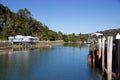 Mangonui harbour, wharf and fish shop on sunny summer day Royalty Free Stock Photo