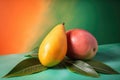 Mangos on a green background. Close-up. Generative AI