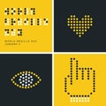 Vector illustration of Braille alphabet with translation World Braille Day. Braille dots form in shape of heart, eye, hand Royalty Free Stock Photo