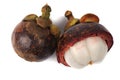 Mangosteen cross section showing thick purple skin and white flesh the queen of friuts.