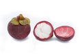 Mangosteen and cross section showing the thick purple skin and white flesh of the queen of fruits, Delicious mangosteen fruit