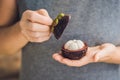 Mangosteen on farmer hand hold tropical fruit Royalty Free Stock Photo