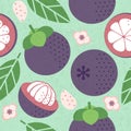 Mangosteen fruit pattern. Juicy fruits leaves and flowers on shabby background.