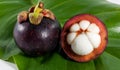 The mangosteen on the leaf and blur background.